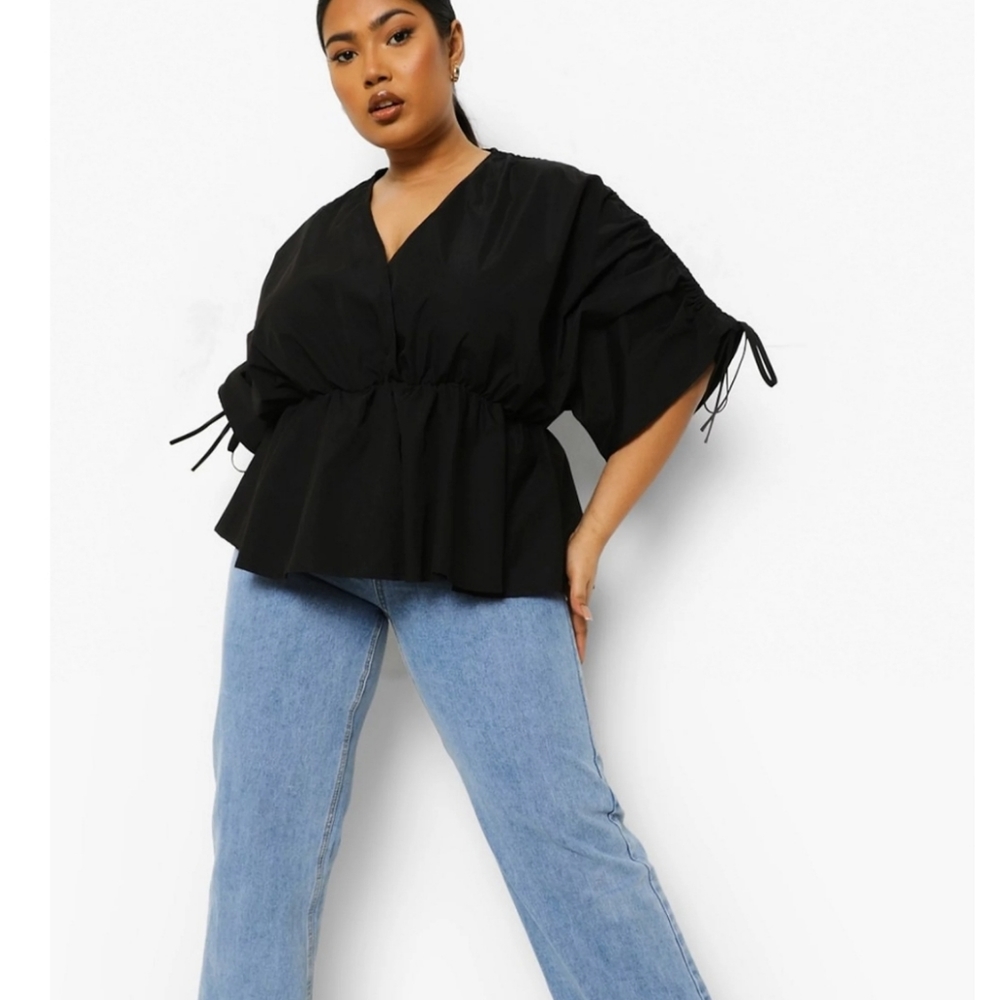Boohoo Plus Plus Wrap Front Volume Peplum Blouse